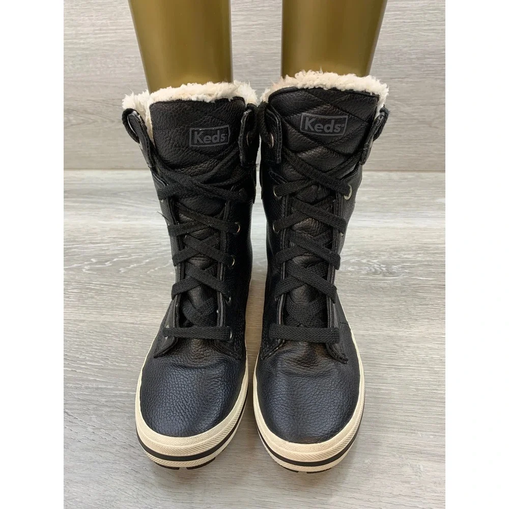 Keds Women's Black Leather Faux Fur Lined Winter Boot 8.5 Casual Shoes